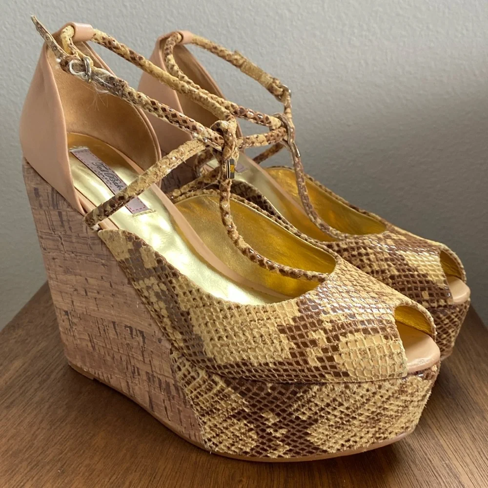 Ted Baker London Leuzea Snakeskin Open Toed Cork Platform Shoes, Women’s 8